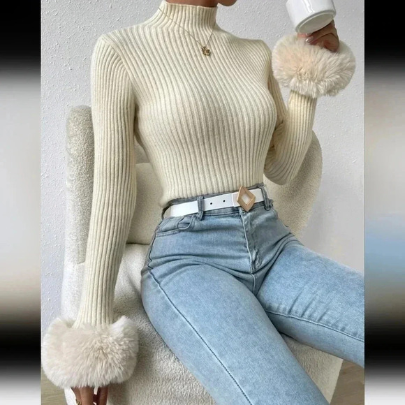 Mock Neck Fuzzy Cuff Sweater - Picture 4 of 6